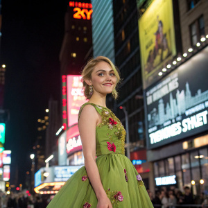 AnnaSophia Robb, donning a vibrant green dress with floral embellishments, poses in front of a bustling cityscape for a promotional event of 'Little Women'. Neon signs and billboards illuminate the background.