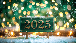 надпись 2025, изумрудно золотой фон, снег, золотое боке, бенгальские огни