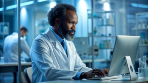  African American pharmaceutical scientist using computer while working on new research in laboratory.