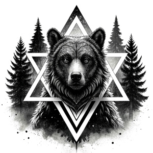 valknut runes pattern geometric symbols - bear and trees - tattoo design - perfect realistic art - high-definition - grey and black - white background 