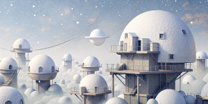 White illustration,  surrealism style, structural aesthetics, surreal collage of many complex sophistic  metallic houses and briges, huge ocean and galaxy sky, soft lines, more white, grainy paper