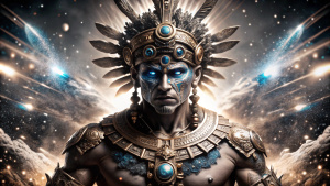 MITOLOGIA INCA PERÚ: Viracocha Dios inca, entrando en un mar infinito del espacio, VARONIL, OJOS DESTELLANTES DE LUZ AZUL ENERGÉTICA, magia ,misterio, epico, en la noche, destellos brillantes de magia en el mar, de lejos, oscuridad, en el espacio 