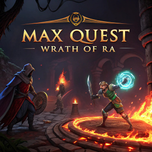 Screenshot from the video game Max Quest Wrath of Ra. Characters in a mystical, dark fiery environment. Pricing information displayed on the right side of the screen