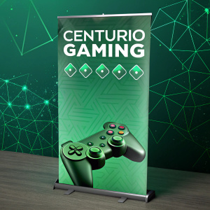 Promotional banner for Centurio Gaming featuring modern gaming graphics. Dominant green theme. Centurio Gaming text in bold, futuristic font. Social media icons beneath. Background showcases intricate, geometric shapes in various shades of green.