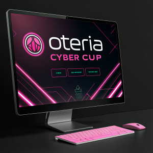 Website homepage for Oteria Cyber Cup. Neon pink accents against black background. Modern design.