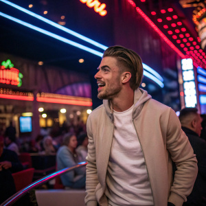 Jack Grealish, sporting a casual outfit, chats animatedly at a bustling nightclub. Neon lights illuminate the background.