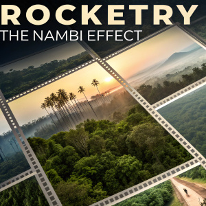 A promotional poster for the film 'Rocketry: The Nambi Effect'. A series of small, high-contrast images showcasing the dense, shadowy landscapes of Kerala. The title 'ROCKETRY' appears prominently at the top, while the grid-like layout emphasizes the intricate storytelling and diverse framing techniques used throughout the movie.