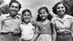 Close-up of old photo showing smiling Latino family holding hands, with happy faces and in black and white.