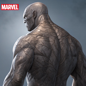 Illustration of a character resembling Marvel's Rhino from behind. Defined muscles, visible veins, and a detailed back. The Marvel logo is on the left side. Digital art style with detailed shading and muted grey background.