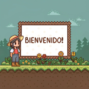 Pixel art illustration featuring a character standing beside a message in Spanish framed with a brown border. Surrounded by pixelated flora and terrain at the base.