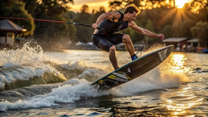slim man performing wakeboard tricks full length. side view