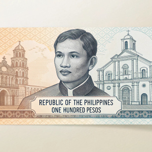 A digital illustration of a Philippine banknote featuring Jose Rizal, detailed sketches of Baroque architecture, and text 'Republic of the Philippines' and 'One Hundred Pesos'.