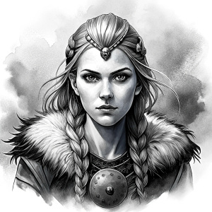 shieldmaiden perfect realistic art, high-definition, high-definition grey and black, white background 