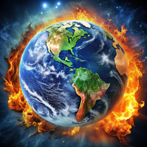 Crea una imagen que represente el cambio climático y el calentamiento global. La imagen debe incluir los siguientes elementos:

Planeta Tierra: Muestra una vista del planeta con evidentes signos de calentamiento global. Podría estar parcialmente cubierto de llamas o tener áreas marcadas con sequías, incendios forestales y derretimiento de glaciares.
Fenómenos Naturales Extremos: Incluye representaciones de fenómenos extremos como huracanes, tornados, inundaciones y olas de calor. Estos elementos