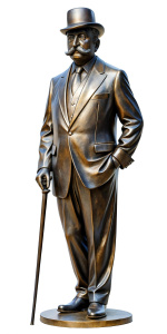 A bronze statue of Hercule Poirot as played by David Suchet, a bowler hat on his head, fine mustache, with a walking cane, left hand placed behind back