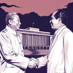 Colorful image: Mao Zedong and Zulfikar Ali Bhutto shaking hands in Beijing, 1972.