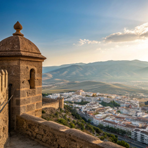 From a vantage point atop an aged stone structure, the serene beauty of Almeria, Spain, is captured. Below, the town sprawls, a mosaic of pale buildings that speak of history's echoes. Hills and mountains form a majestic backdrop against a sky of luminous blue.