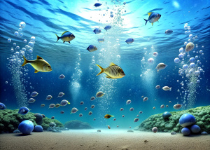 The bottom of the sea In the background is the bottom of the sea with fish in front of air bubbles