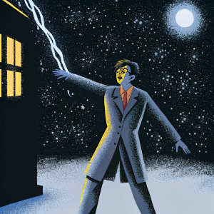 Cartoon illustration of David Tennant as the Tenth Doctor, with the TARDIS in the background. Comic book style, dramatic pose, and intense expression.