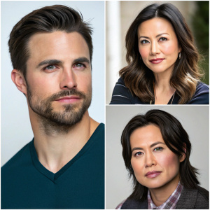 Headshots collage featuring Stephen Amell, Ming-Na Wen, a young actor with dark brown hair, and Milo Ventimiglia. Professional portraits in a studio setting.