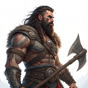 Muscular male character named Kratos. Rugged look with long dark hair and beard. Warm earthy skin tone. Wears battle-worn armor with metal details. Holds massive axe. Illustration style is high fantasy, digital art with vibrant colors and intricate details.