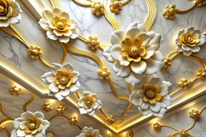 3D printable ceiling interior wallpaper with white luxury golden flowers silk and marble background for wall