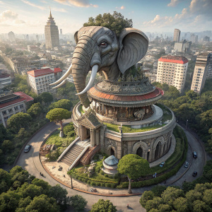 From above, the Erawan Museum in Bangkok, Thailand. The massive elephant head statue with multiple faces looms over greenery and concrete jungle. City buildings surround the landmark, located near Bangkok's downtown area.