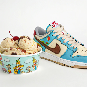 Ben & Jerry's Chunky Dunky ice cream with Nike Dunk Low SB sneaker, playful design featuring iconic characters.