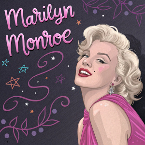 Digital illustration showcasing Marilyn Monroe. Spanish quote in various sizes and styles. Whimsical, artistic, vibrant colors: pink, purple. Dark background.