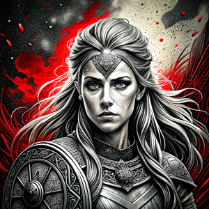 shieldmaiden perfect realistic art, high-definition, high-definition grey and black, white background 