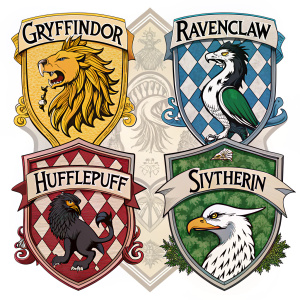 Logo designs for the four houses of Hogwarts School of Witchcraft and Wizardry: Gryffindor, Ravenclaw, Hufflepuff, and Slytherin.