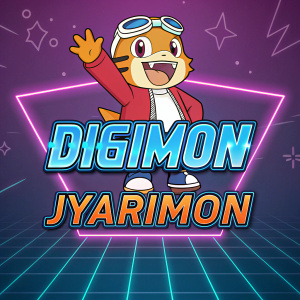 Jyarimon, a cartoon character, smiling and waving. Bright neon background with the Digimon logo in bold letters
