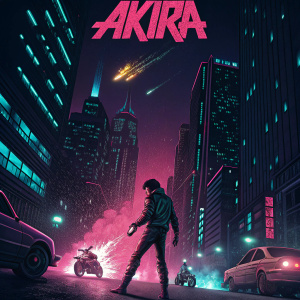 Poster for the movie 'Akira', set in a dark, neon-lit cityscape. Central figure in explosive action scene.