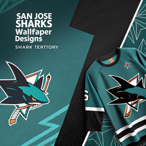 Promotional poster for San Jose Sharks wallpapers. Teal and black color scheme. Shark logo and text information about the wallpapers design inspired by shark territory.