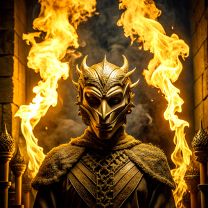 cinematic shot, dark dungeon, on dragon with contour lighting, queen,  golden face mask, smoke and fire around, Song of Ice and Fire style