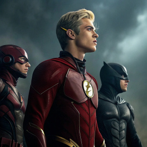 A promotional poster for a superhero movie. Flash, with blonde hair, stands alongside other heroes in sleek costumes. Dark, moody background.