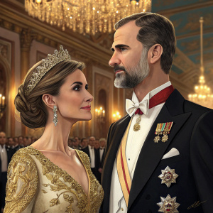 King Felipe VI and Queen Letizia of Spain at a state dinner. They are dressed in elegant attire, King in a black suit, Queen in a gold embroidered gown. The setting is a grand ballroom with chandeliers and ornate decorations.