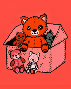 An attic filled with old, anime-kawaii-inspired stuffed animals that come to life at night, featuring a teddy bear with button eyes and a patchwork fox with mismatched limbs.