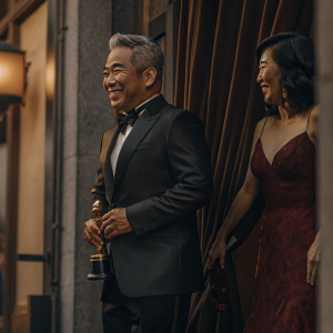 Kevin Tsujihara and Sandy Tsujihara at the Oscars gala. Both in formal attire, smiling. Richly colored backdrop