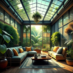 Interior design of a room with a glass roof
