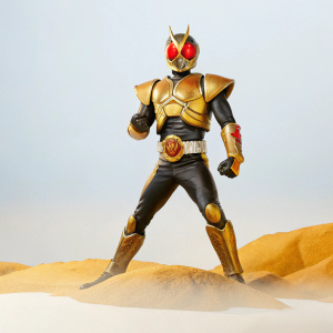 Kamen Rider Agito, in his iconic gold and dark armor, poses confidently. Intense expression, fierce emblem, and rocky backdrop. Detailed and stylized artwork