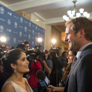 Salma Hayek and Josh Lucas during a press conference. Surrounded by photographers and reporters.
