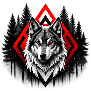 valknut runes pattern geometric symbols - wolf and trees - tattoo design - perfect realistic art - high-definition - grey and black - white background 