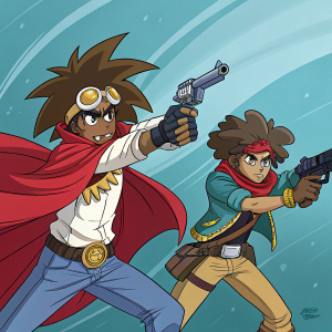 Fan art illustration of Cannon Busters characters by LeSean Thomas. Cool-toned background, dynamic poses.