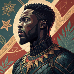 Digital artwork featuring T'Challa, the Black Panther. Rich colors, intricate design. Depicts face and torso. Array of sizes and angles, collage effect.