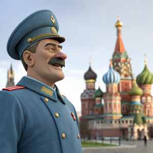 3D animated Joseph Stalin, in blue military uniform, standing in front of the Kremlin. Smirking