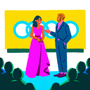 Chloe Bennet and Logan Paul at a tech conference. She's in a lavender gown, he's in a dark blue suit. Audi logo behind them.