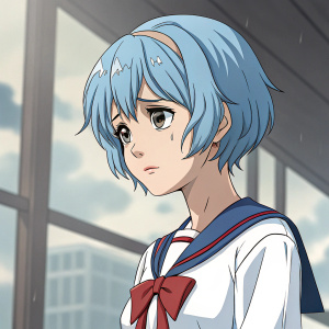 Close-up of Rei Ayanami, iconic anime character. Sad face, wearing school uniform.