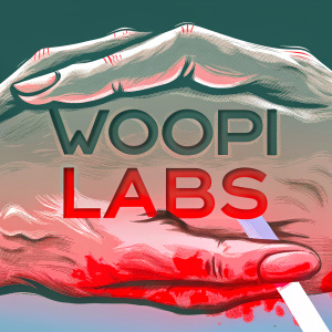 Creative logo design for Woopi Labs. Bold font, vibrant green shades, sleek and modern aesthetic, wordplay, unique typography