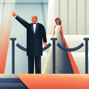 Donald Trump and Melania Trump, formally dressed, at a charity gala in New York City. Trump gestures towards the crowd while Melania stands beside him.